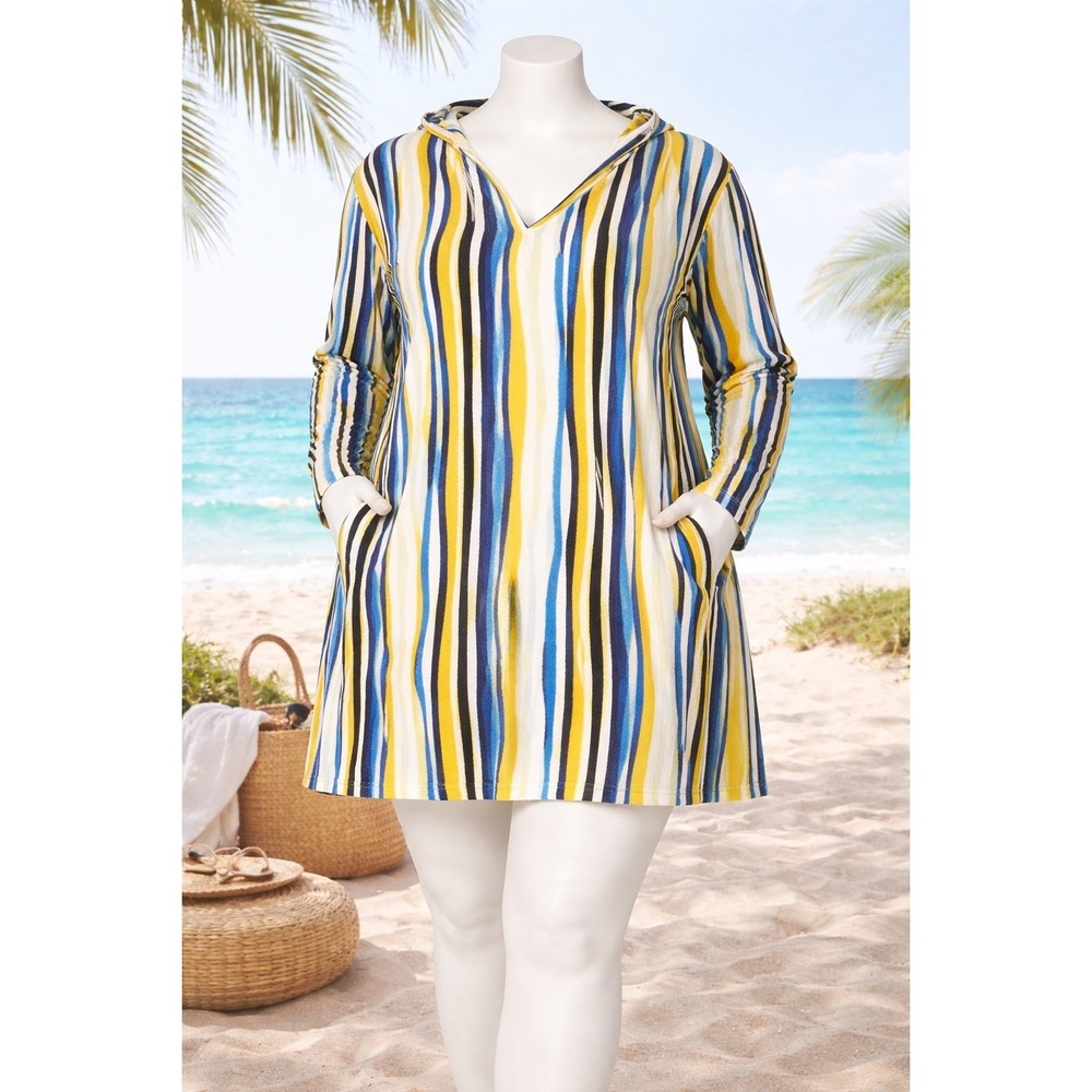 Denim & Co Womens XL Beach French Terry Striped Hood Cover-Up Tunic Yellow Blue